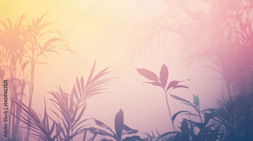 Mystical silhouette of tropical leaves in sunset glow