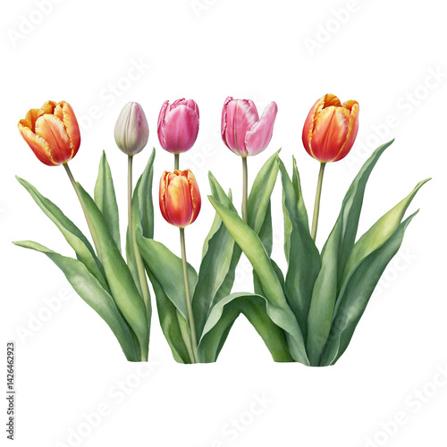 Bright tulip flowers with soft green leaves isolated watercolor art illustration transparent background isolated png stock