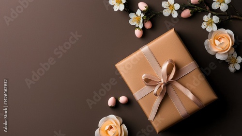 A brown box with a gold ribbon sits on a table with flowers