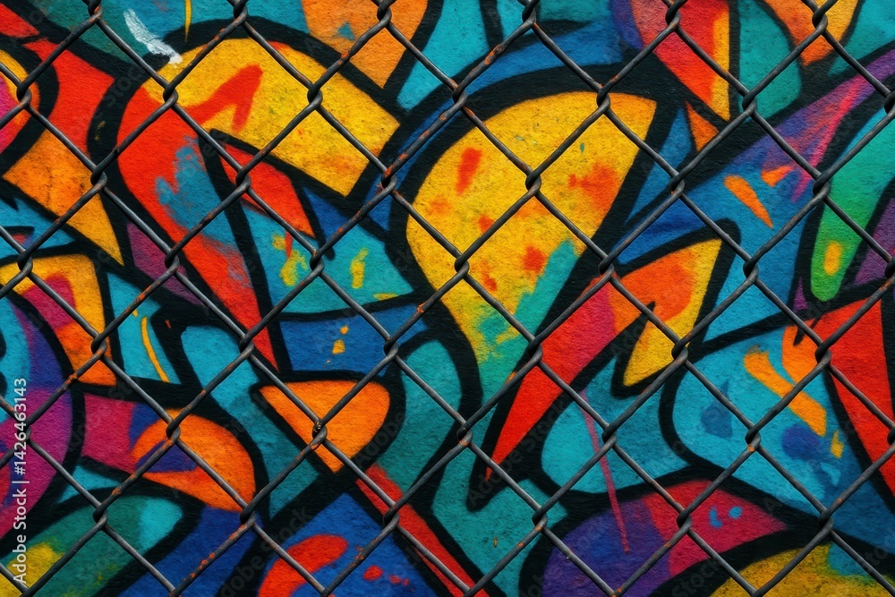 Colorful Graffiti Art on a Chain Link Fence Background Colorful Graffiti Art on a Chain Link Fence Background