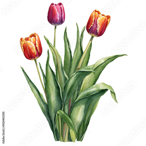 Bunch of tulips with vibrant leaves isolated watercolor art illustration transparent background isolated png stock