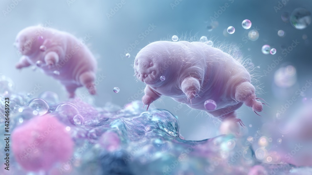 Fototapeta premium Microscopic view of tardigrades floating in a surreal underwater habitat