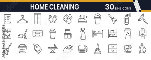 Home Organization and Cleaning Line Icons | Laundry, Storage, Mop, Decluttering, Chores Vector Set