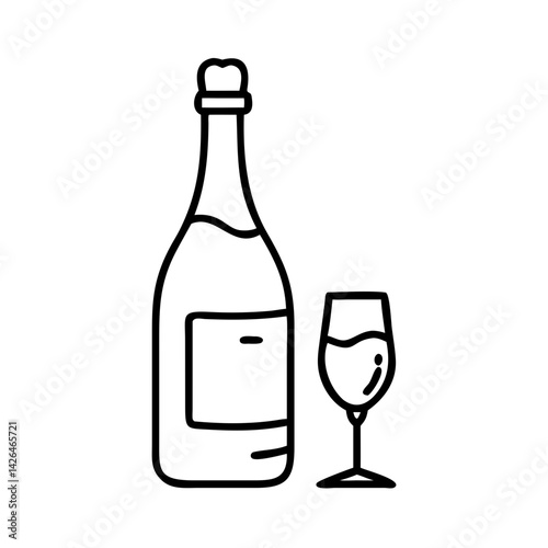 Champagne bottle and glass in minimalistic  vector illustration