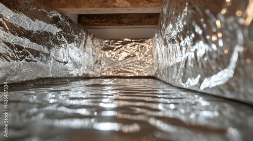 Close-up view of a reflective insulation material lining a crawl space, showing its texture and reflective surface.