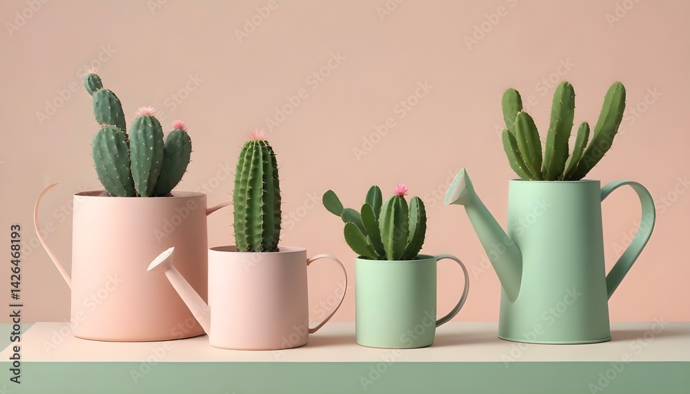 Four cacti in pastel watering cans create a serene and minimalist composition with soft colors. Four cacti in pastel watering cans create a serene and minimalist composition with soft colors.
