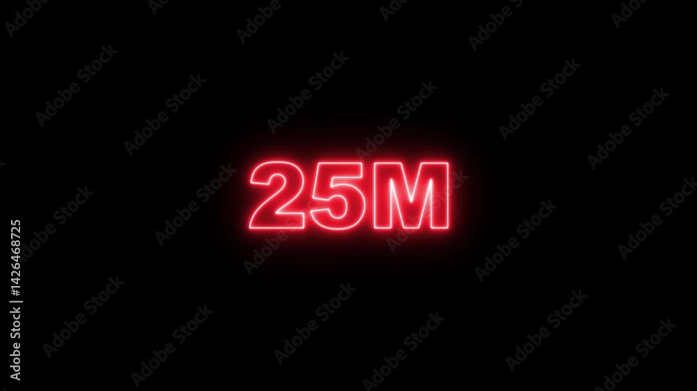 25M text front animation on isolated black background.Special 25M user goal celebration.Celebrate with your fans. 25M text front animation on isolated black background.Special 25M user goal celebration.Celebrate with your fans.