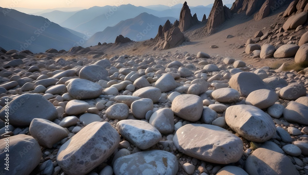 Fototapeta premium A vast, rocky landscape extends to the horizon, with mountains bathed in soft light.