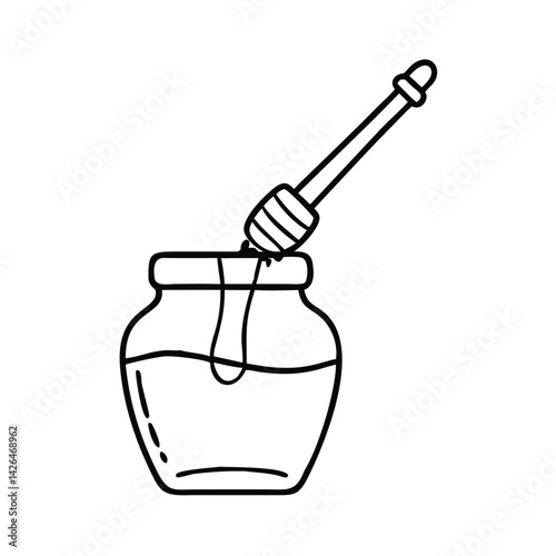 Jar of honey with a special honey spindle spoon dripping liquid, vector illustration
