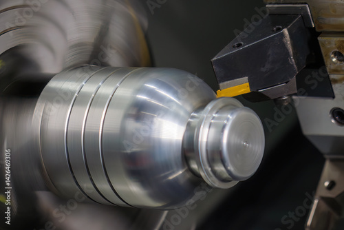 Close up scene the CNC lathe machine cutting the bottle core mold parts.