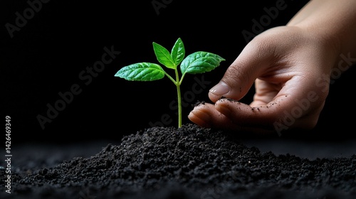 A hand is gently placing a small green plant into the dirt