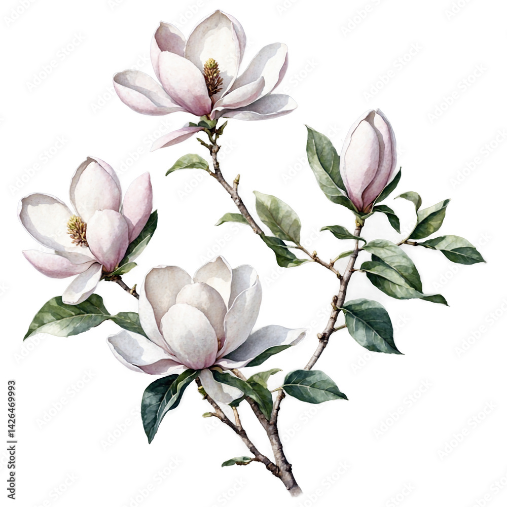 Obraz premium Delicate magnolia flowers and leaves in cutout designs watercolor art illustration transparent background isolated png stock