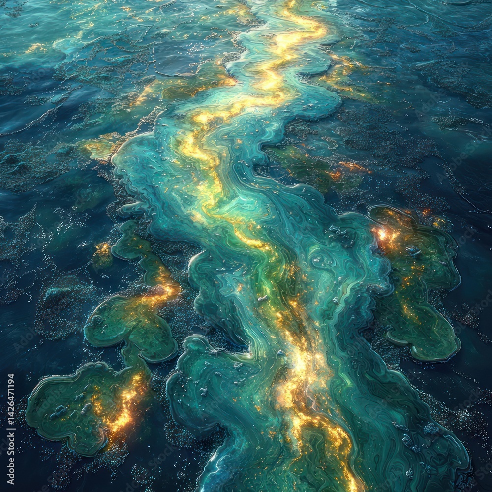 Obraz premium Flowing Water Stream with Golden Light Abstract Nature Illustration