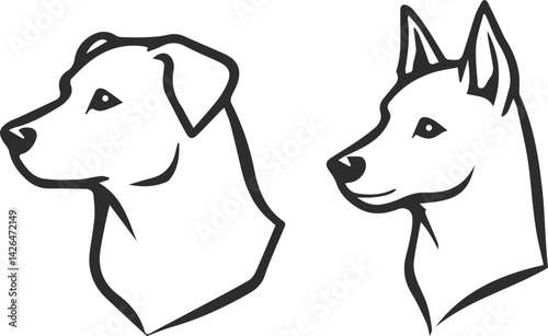 Icons of two different types of dogs, with drooping ears and raised up, black line, dog head icon in a unique style.