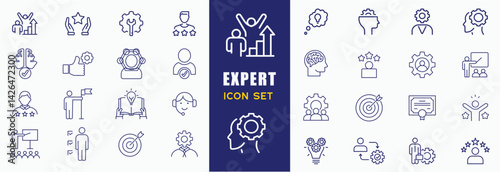 Expert Line icon set. skills, expertise, business, knowledge, competence, growth, education, meeting, specialist, experience and more. Vector and illustrator set.