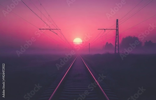 Misty sunrise over train tracks vanishing into a vibrant pink and purple sky