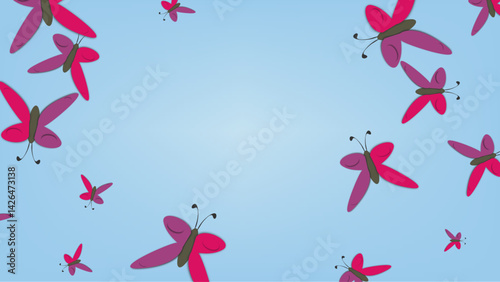 Pink butterflies flying on sky blue background