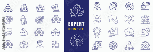 Expert Line icon set. skills, expertise, business, knowledge, competence, growth, education, meeting, specialist, experience and more. Vector and illustrator set.