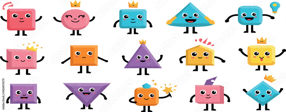 Obraz premium Abstract characters. Cartoon kids shape with smile face. Geometric mascot figure with leg and hands. Fun graphic avatar for education, funny emoji objects.