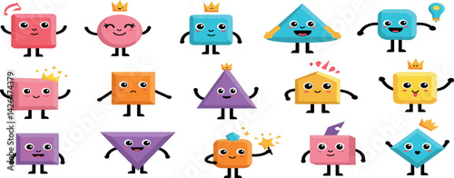 Abstract characters. Cartoon kids shape with smile face. Geometric mascot figure with leg and hands. Fun graphic avatar for education, funny emoji objects.