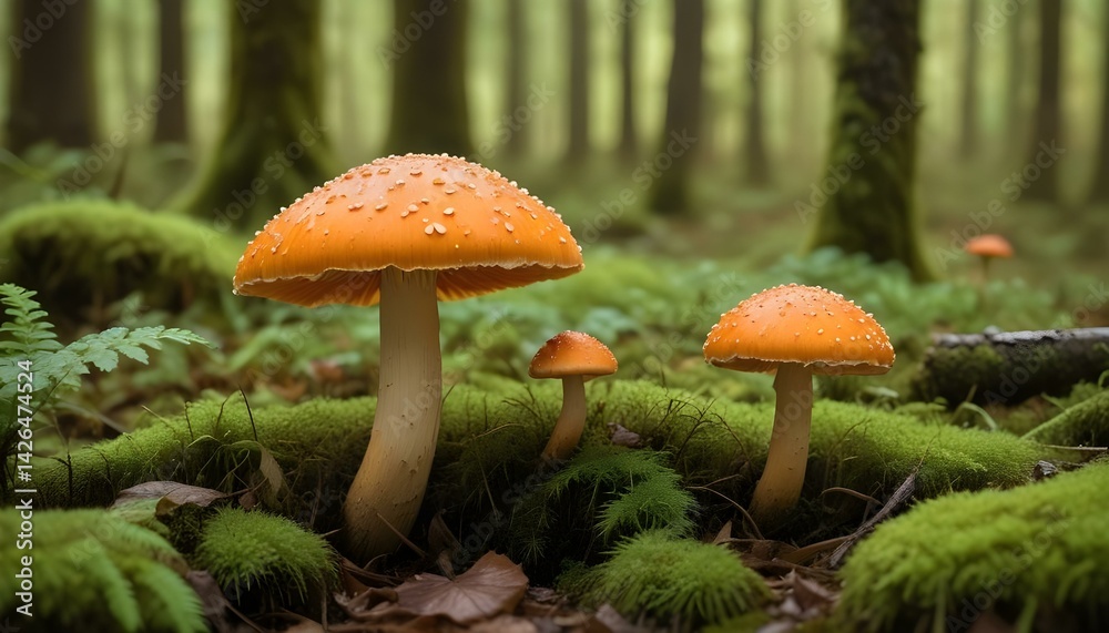Fototapeta premium Vibrant orange mushrooms flourish amid lush moss in a tranquil, verdant forest setting.