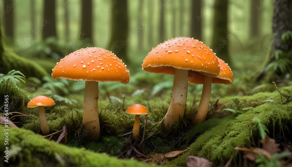 Vibrant orange mushrooms with white spots thrive in a mossy forest environment, creating a beautiful natural scene. Vibrant orange mushrooms with white spots thrive in a mossy forest environment, creating a beautiful natural scene.