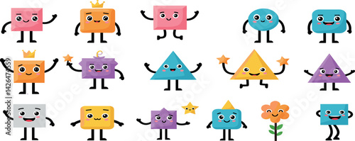 Abstract characters. Cartoon kids shape with smile face. Geometric mascot figure with leg and hands. Fun graphic avatar for education, funny emoji objects.