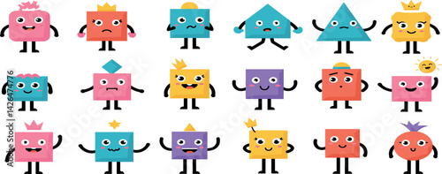 Abstract characters. Cartoon kids shape with smile face. Geometric mascot figure with leg and hands. Fun graphic avatar for education, funny emoji objects.