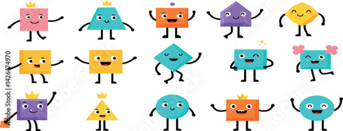 Abstract characters. Cartoon kids shape with smile face. Geometric mascot figure with leg and hands. Fun graphic avatar for education, funny emoji objects.