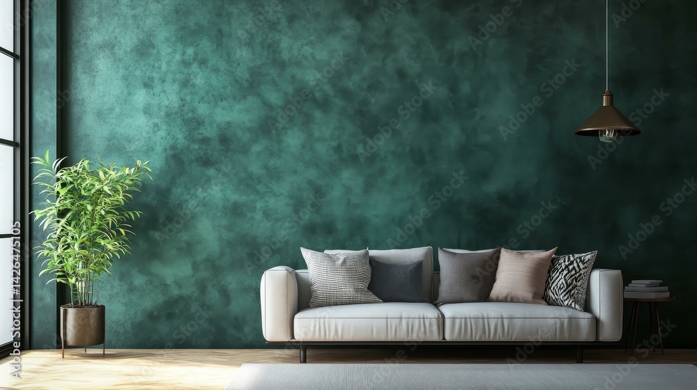 Fototapeta premium Modern Living Room Interior Design with Teal Wall