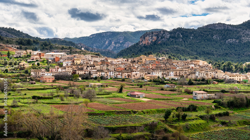 Panoramic view of the town of Beceite with its old stone houses next to the mountain, Aragon.