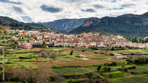 Panoramic view of the town of Beceite with its old stone houses next to the mountain, Aragon.