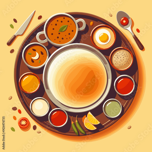 Vector illustration, South Indian dosa on a round steel plate with chutney and sambar, Top-down view, Clean flat design, Warm tones with minimal shading