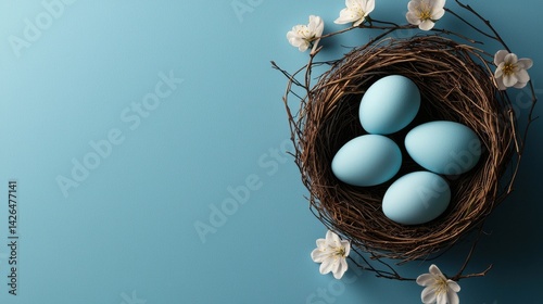 A nest of four blue eggs sits on a blue background