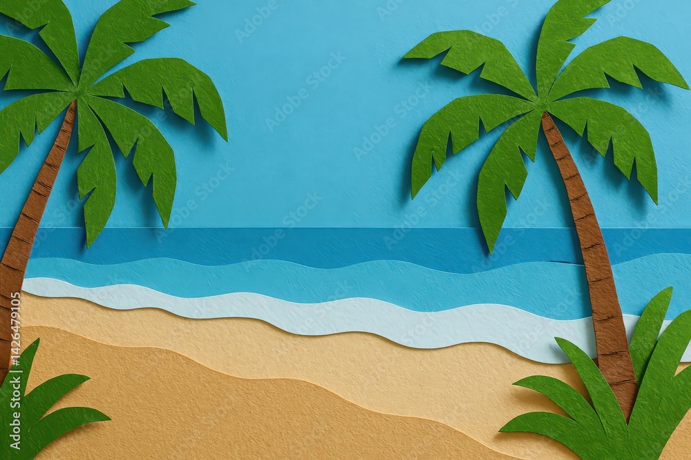 Naklejka premium Tropical Paradise: Paper Cut Art of Palm Trees and Beach