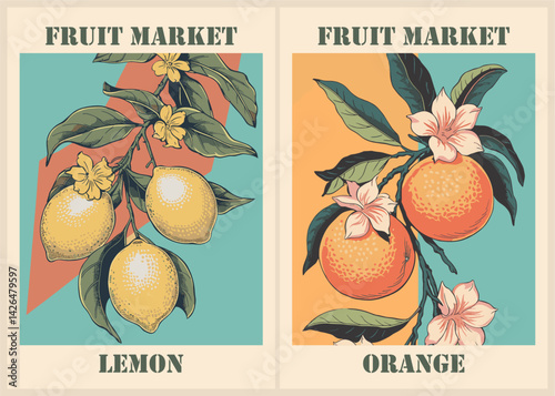 Set of abstract Fruit Market retro posters. Trendy kitchen gallery wall art with lemon, orange. Modern naive groovy interior paintings. Vector art illustration.