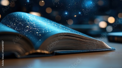 Glowing Open Book with Cosmic Sparkles at Night