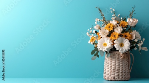A vase of yellow and white flowers sits on a blue background