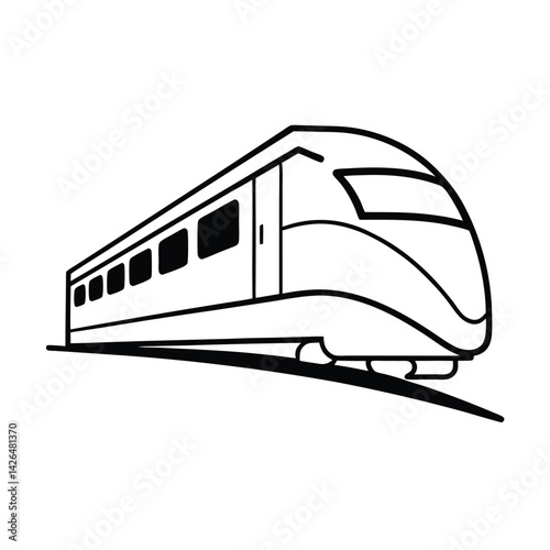 Modern high speed train illustration black and white outline style graphic for travel concepts