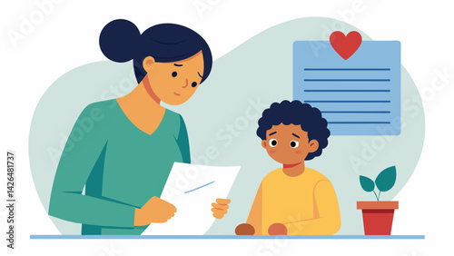 A mother anxiously pours over her childs college application essay her heart filled with both hope and worry for their future.. Vector illustration
