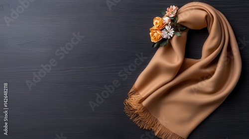 A scarf with flowers on it is on a wooden table