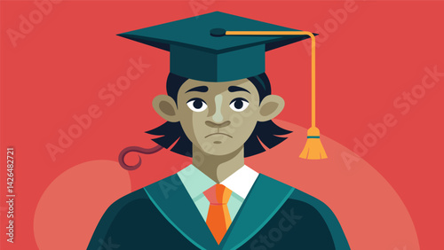 A realistic illustration of a person wearing a graduation cap and gown but with a large mouse clamped onto their head symbolizing the weight of. Vector illustration