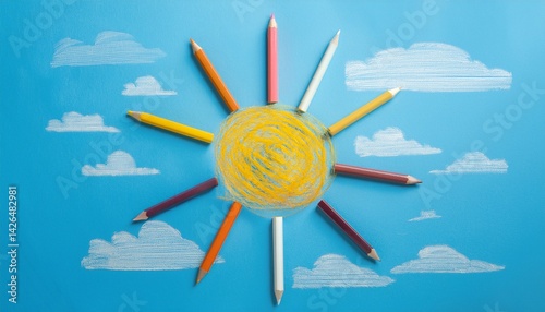 Illustration of the sun drawn with pencil and crayons
