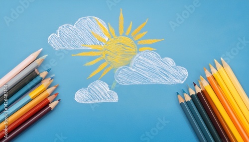 Illustration of the sun drawn with pencil and crayons