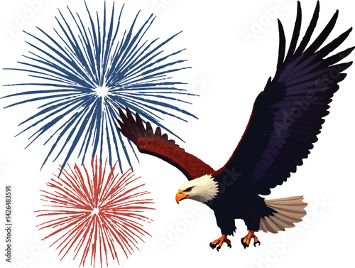 USA Celebration Vector  Bald Eagle, Flag, Fireworks on White