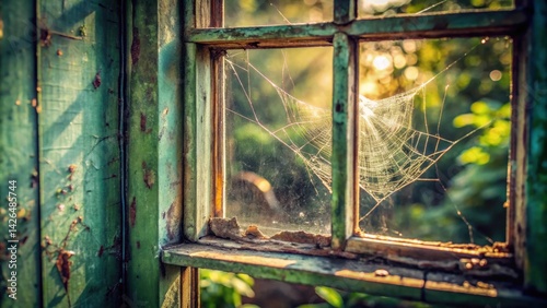 Rustic windowpane with a spiderweb catching the morning sunlight, showing signs of age and decay