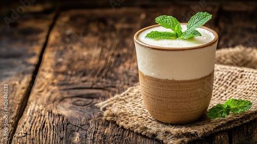 A refreshing glass of chilled sattu drink garnished with mint leaves, served in an earthenware cup on a rustic wooden table