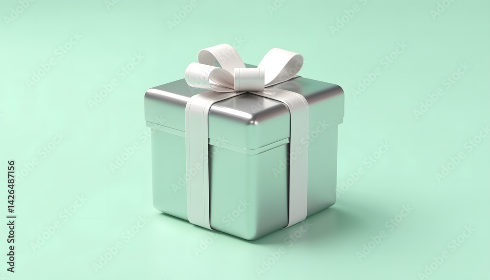 Obraz premium Shiny Silver Gift Box with White Bow on Mint Green Background