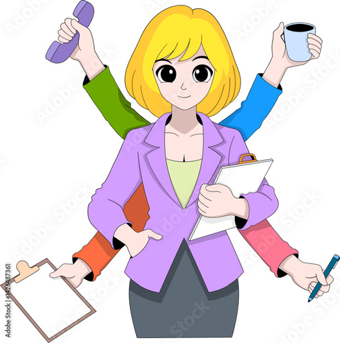 Multitasking Businesswoman Cartoon Illustration