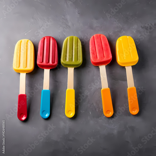 Rainbow Colored Popsicle Spoons on Grey Background  